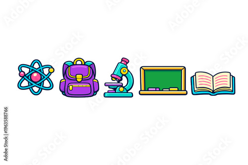 School supplies and learning tools are arranged in a line for students to engage in science activities and studies