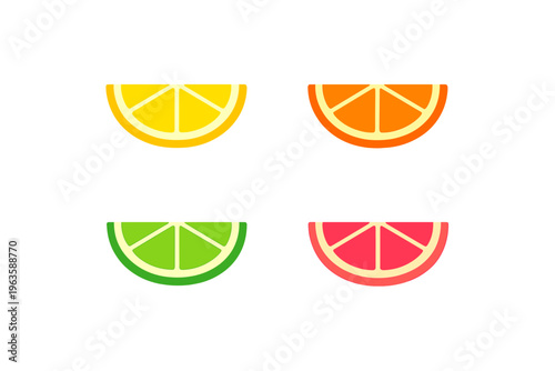 Different fruit slices show yellow lemon, orange, lime, and pink grapefruit on a white background in a simple design