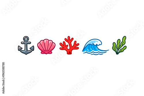 Different marine symbols including an anchor, shell, coral, wave, and seaweed in bright colors on a white background