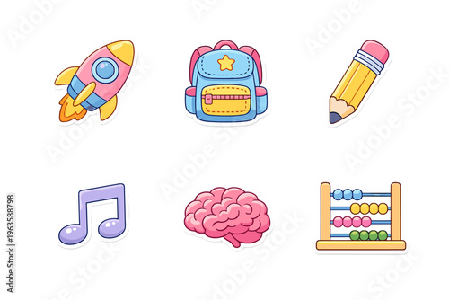 Fun stickers of a rocket, backpack, pencil, music note, brain, and abacus for children during school time