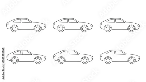 A minimalist line drawing depicts six identical stylized cars arranged in a two row three column grid showcasing automotive design high quality professional detailed modern elegant