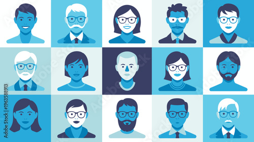A grid of twelve diverse portraits depicts people of various ages and appearances all wearing glasses and styled in a flat design high quality professional detailed