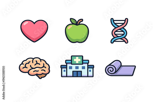 Symbols of health and wellness including heart, apple, DNA, brain, hospital, and yoga mat represent various aspects of physical and mental health