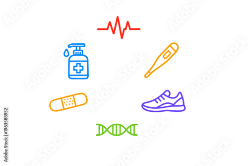 Graphic showing health and fitness icons including medicine, a band-aid, shoes, and a DNA strand in a circular layout