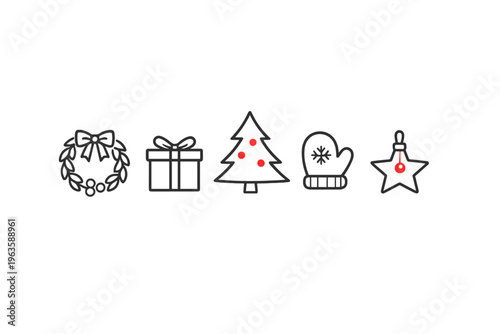 Christmas symbols show holiday spirit with wreath, gift, tree, mitten, and star displayed in a simple design on a white background