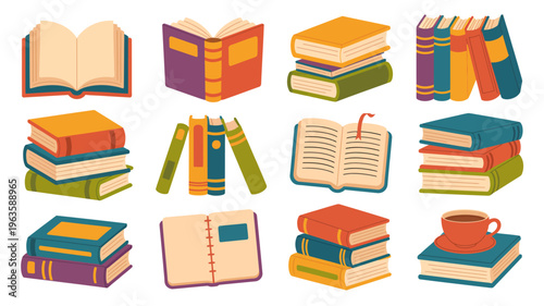 A colorful collection of books is displayed showcasing various sizes stacks and open pages alongside a steaming cup of coffee high quality professional detailed modern elegant