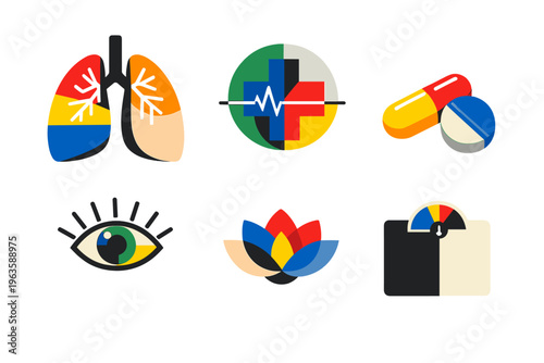 Artwork showing health symbols with bright colors for health care and wellness themes in modern design