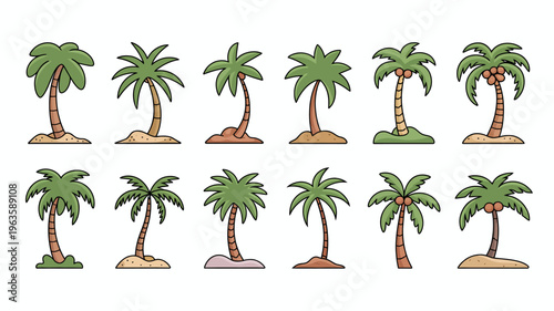 A collection of cartoon palm trees with varying heights and slight differences in trunk curvature are displayed on small mounds high quality professional detailed modern elegant