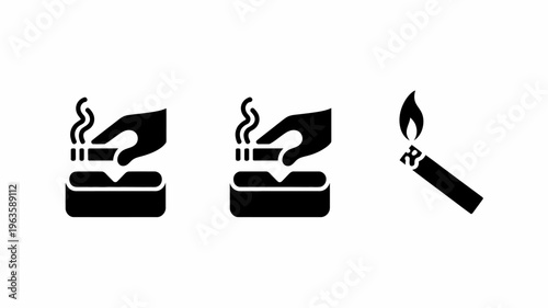 A series of black icons depicting a hand holding a lit cigarette over an ashtray followed by a burning cigarette high quality professional detailed modern elegant