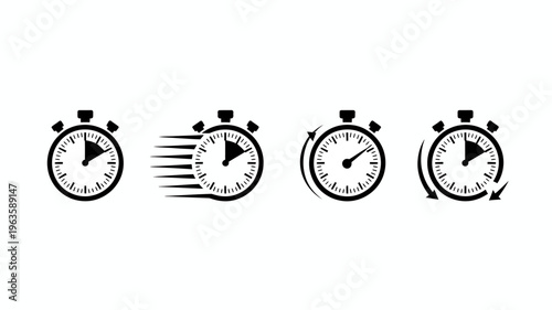 A series of four black stopwatch icons demonstrate the progression of time showing increasing speed and motion high quality professional detailed modern elegant stylish clean crisp