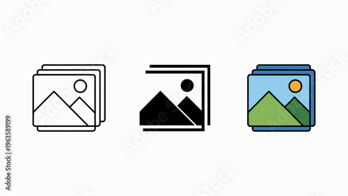 A set of three icon variations depicting a mountainous landscape within a framed picture progressing from outline to solid to color high quality professional detailed modern