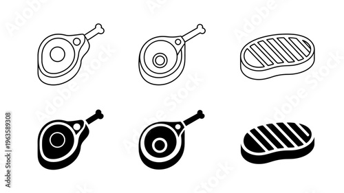 A collection of black and white line art illustrations depicting various cuts of meat including steaks chops and a burger patty high quality professional detailed modern