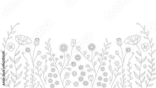 A delicate hand drawn floral arrangement features various wildflowers and foliage in a black and white line art style high quality professional detailed modern elegant stylish
