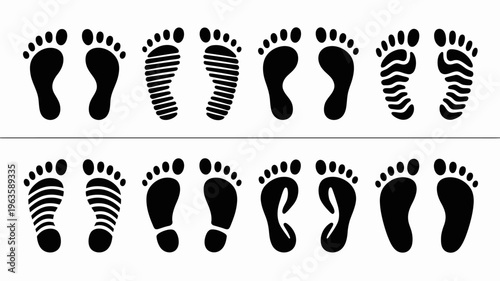 A collection of black footprints in various styles and patterns are displayed across two rows suggesting diverse trails high quality professional detailed modern elegant stylish clean