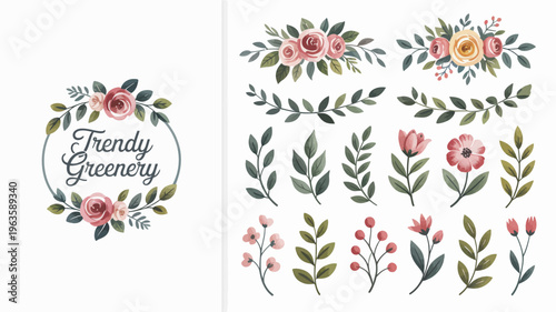 A collection of watercolor floral arrangements and leafy branches featuring roses buds and various botanical elements high quality professional detailed modern elegant stylish clean crisp vibrant