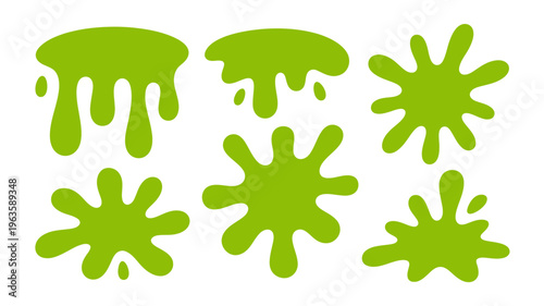 A collection of bright green splatters and blobs are arranged on a stark white background creating an abstract design high quality professional detailed modern elegant stylish