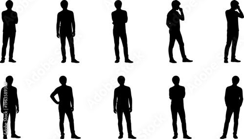 Silhouette collection of standing human figures in casual thoughtful poses, arms crossed, hands in pockets, chin resting, hip stance, isolated vector illustration