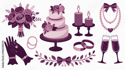 A charming collection of wedding elements in shades of lavender and purple featuring a cake bouquet rings and celebratory details high quality professional detailed modern elegant