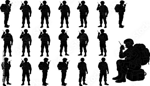 Silhouette collection of soldiers using handheld radios, military communication poses, tactical gear, army figures illustration, isolated vector design