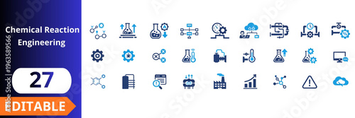 Chemical reaction engineering flat icons set. laboratory science, process control, temperature monitoring, industrial plant, molecular structure, data analysis, automation system