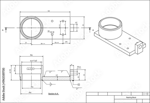 Assembly drawing of bearing block.
Vector design of steel mechanical device with 
dimension lines.
Engineering technic computer cad scheme on 
transparent background. Hand drawn sketch.