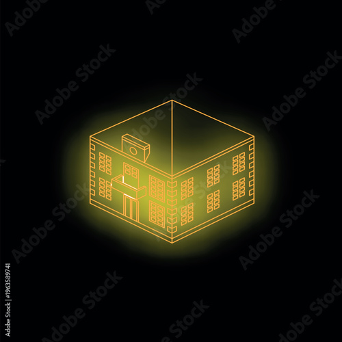 Neon yellow isometric building glowing on a dark background, representing innovative and modern architectural design
