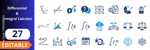 Differential and integral calculus flat icons set. math symbols, function graphs, derivative concepts, integration formulas, data analysis, education tools, science visuals