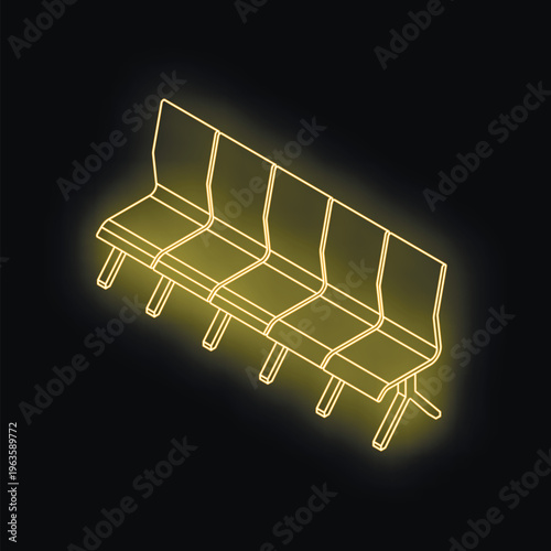 Neon yellow glowing waiting seats row on black background, isometric view