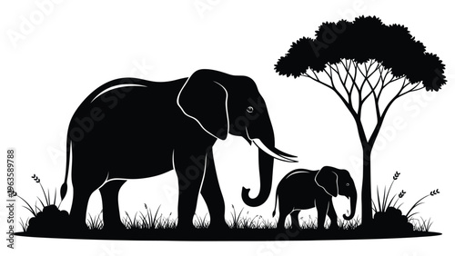 Elephant Mother and Calf Silhouette in African Savanna Nature Scene