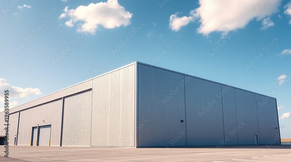 Fototapeta premium Modern industrial warehouse building exterior with large roller doors under clear blue sky, minimalist commercial architecture