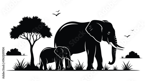 Elephant Mother and Calf Silhouette in African Savanna Nature Scene