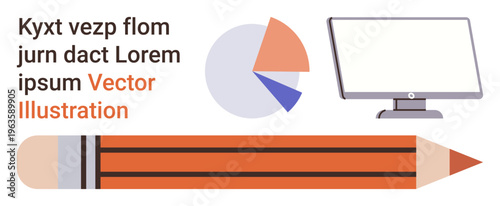 Business analytics, graphic design, education tools, workplace setup, presentation slides, digital visualization. An orange pencil, pie chart monitor and placeholder text. Business analytics