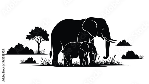 Elephant Mother and Calf Silhouette in African Savanna Nature Scene