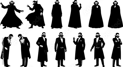 Silhouette collection of vampire figures in dramatic and formal poses, supernatural character design, eerie gestures, gothic illustration, isolated vector art