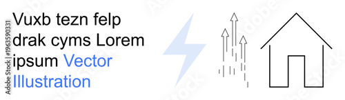 Energy, sustainability, growth, innovation, electricity, renewable energy. A lightning bolt, arrows rising and a house icon. Energy and sustainability illustrated clearly