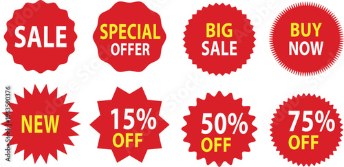 Set of red sale badges and discount labels. Starburst shape sticker for price discount, special offer and buy now. Perfect for eCommerce promotions, marketing banners and retail advertisements.