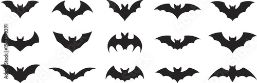 Collection of Black Bat Silhouettes for Halloween on White Background Keywords: bat, silhouette, halloween, spooky, creature