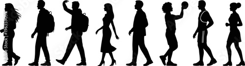 Collection of Black Silhouettes of People Walking on White Background Keywords: people, silhouette, walking, group, diverse, men