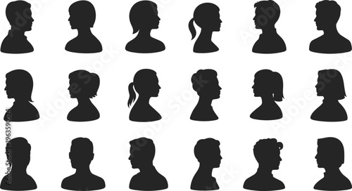 Collection of Diverse Human Head Silhouettes in Profile and Front View face people