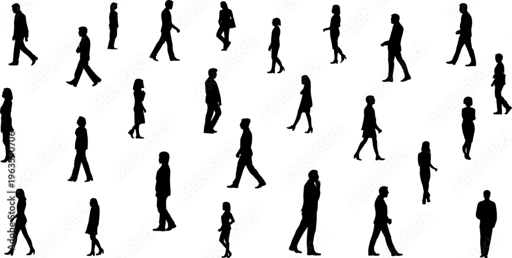 Fototapeta premium Diverse Group of Black Silhouettes of People Walking on White Background Keywords: people, silhouette, walking, group, diverse