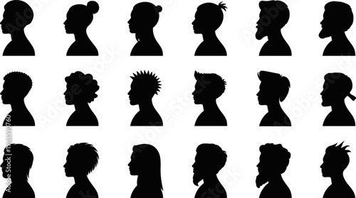 Diverse human head profile silhouettes with various hairstyles and facial hair person