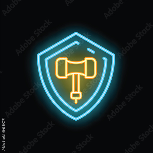 Neon glowing icon of a gavel enclosed in a protective shield, symbolizing legal protection and the power of the justice system