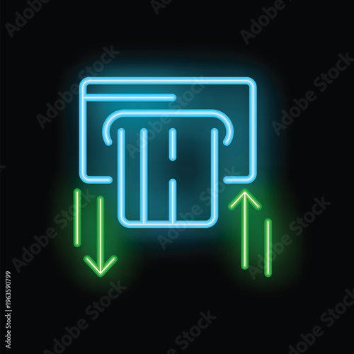 Neon atm machine inserting or ejecting credit card icon in blue and green neon light