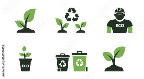 Green Eco and Recycling Symbols Set with Plants, Trash Cans, and Environmental Worker on Isolated White Background