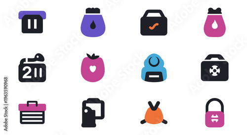 Set of Colorful User Interface and Application Flat Icons Representing E-commerce, Calendar, User Profile, and Security on Isolated White Background