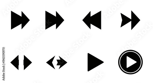 Black Media Player Control Buttons Set with Play, Pause, Rewind, Fast Forward, and Skip Icons on Isolated White Background
