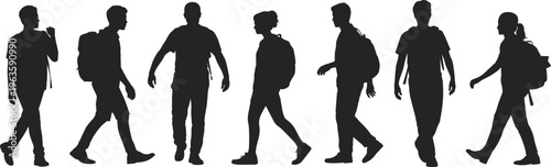 Silhouettes of Backpackers Walking and Standing Against White Background travel