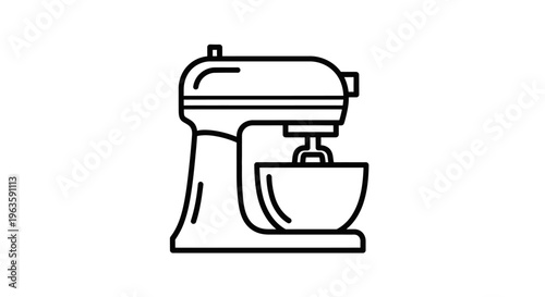 Outline Drawing of a Stand Mixer, Kitchen Appliance Line Icon, Isolated White Background