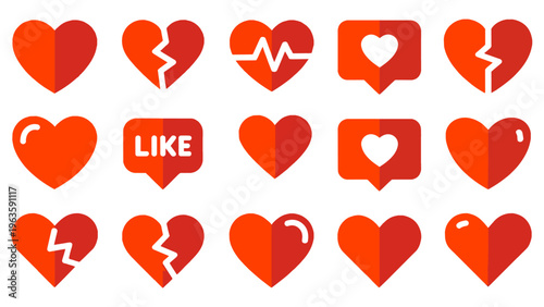 Modern heart icon set love like chat and broken heart symbols flat social media vector pack