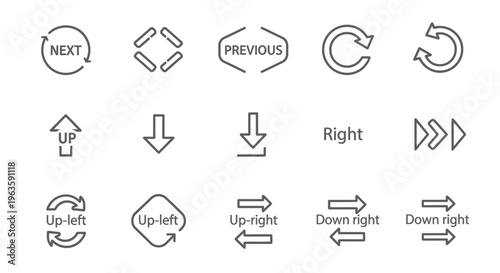 Collection of various navigation and directional arrow line icons on a bright studio background.